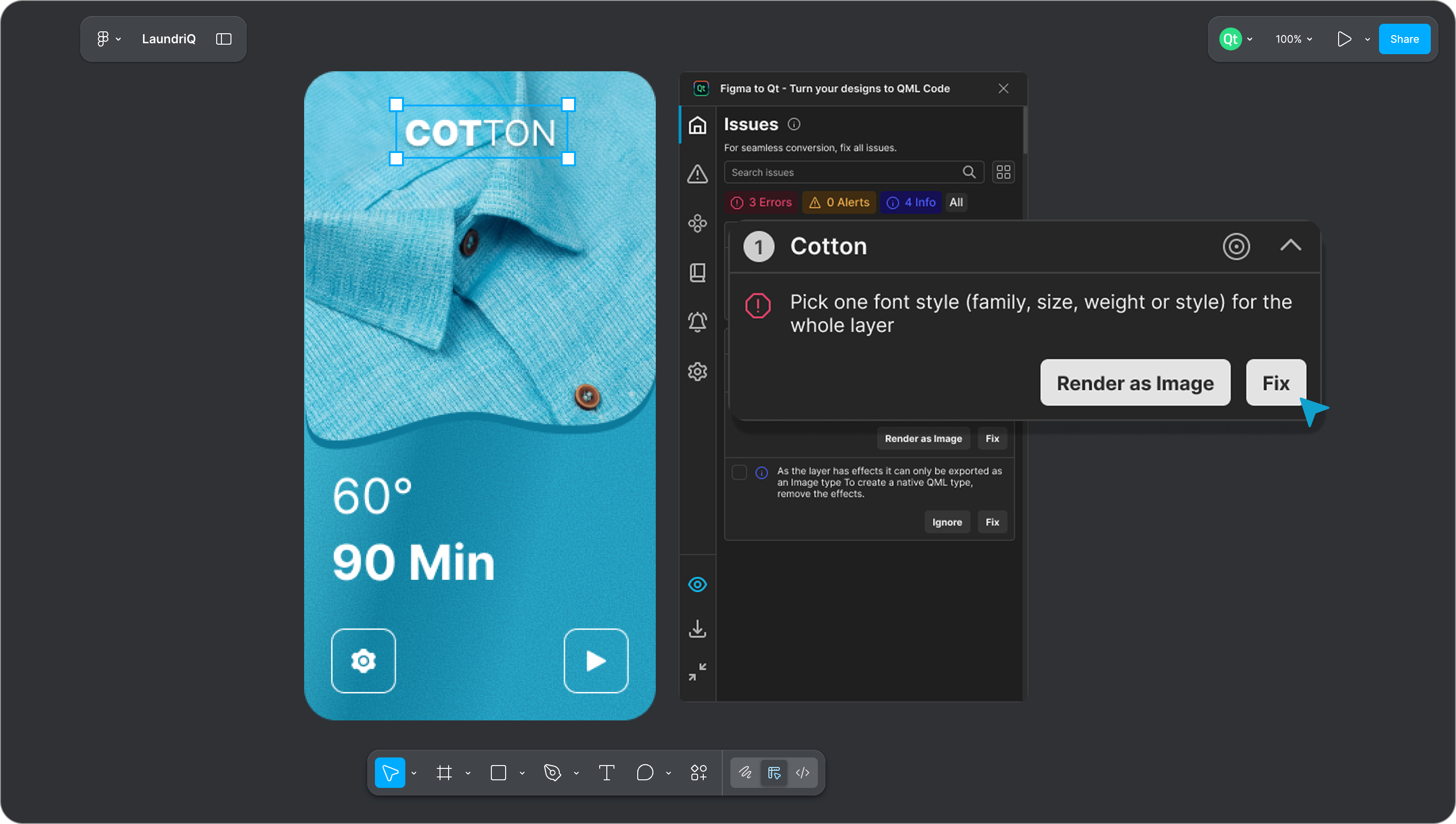The issues tab in Figma to Qt, alerting of design elements that would not perform well on the target device.