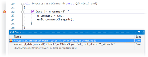 Stopped at breakpoint in C++ code during remote debugging