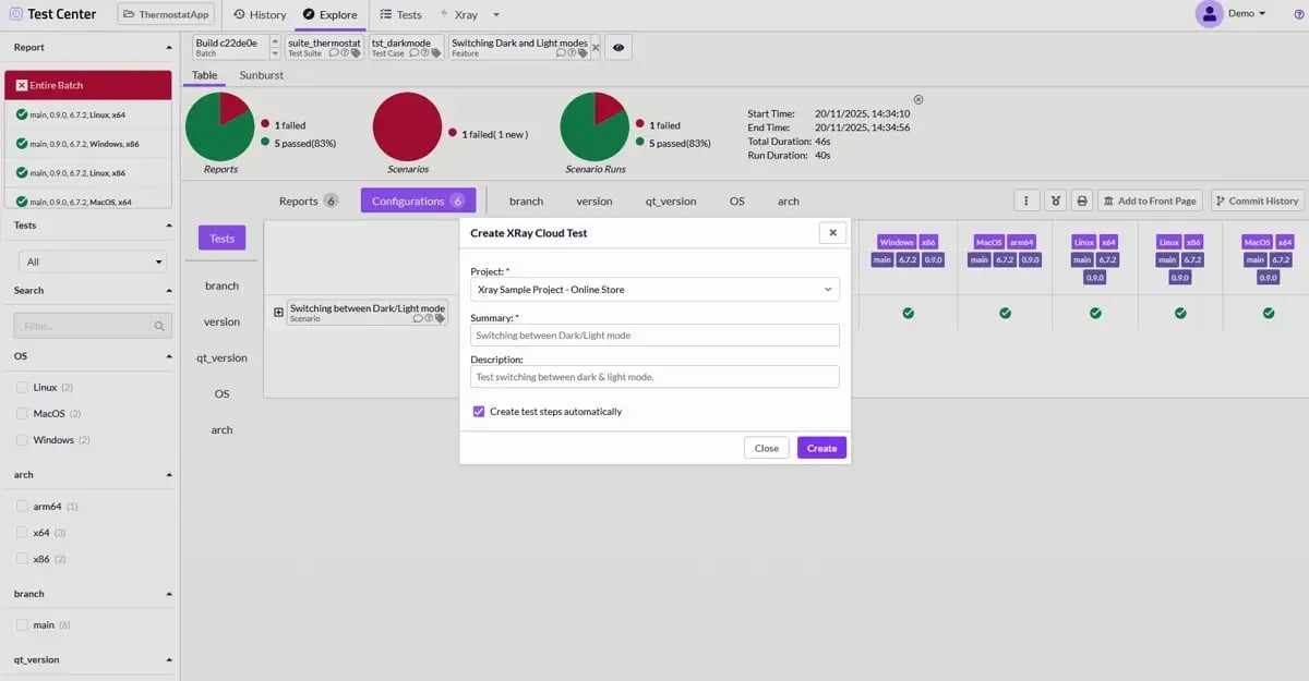 A popup appears where the user selects:  Project Summary Description And optionally: “Create test steps automatically”