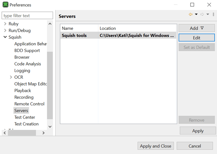 Screenshot of Squish IDE server preferences