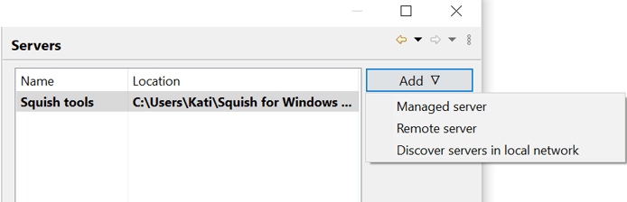 Screenshot of Squish IDE server preferences: adding a new squishserver