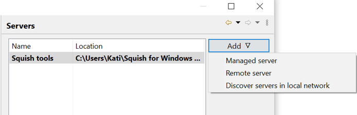 Screenshot of Squish IDE server preferences: adding a new squishserver