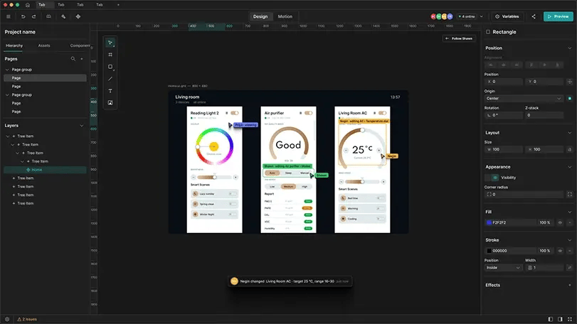 A mockup of the collaboration capabilities of Clate, UX design tool for embedded and HMI applications by Qt Group.