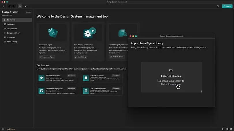 A mockup of the design system management for Clate, UX design tool for embedded and HMI applications by Qt Group.