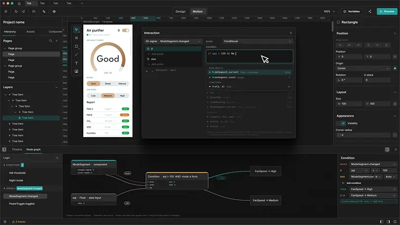 A mockup of the node graph feature in Clate, UX design tool for embedded and HMI applications by Qt Group.