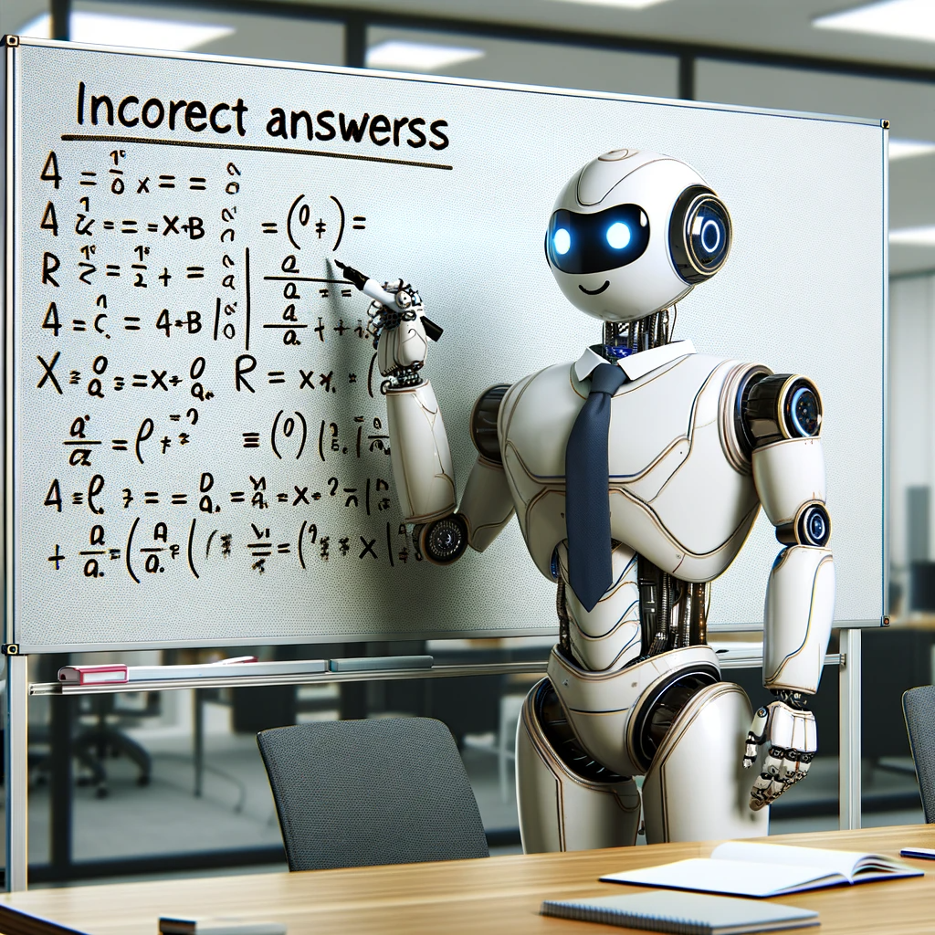 DALL·E 2024-01-05 12.22.01 - A confident robot in an office, proudly presenting incorrect information on a whiteboard. The robot has an air of self-assurance, using a marker to un