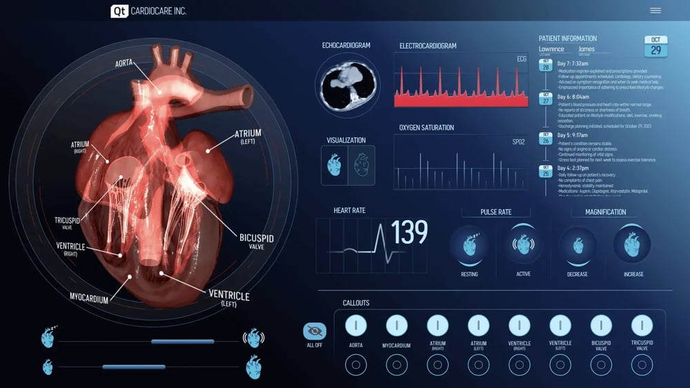 A 2D and 3D user interface for a medical device, requiring clear organization of the information and reliable functionality in safety-critical circumstances.
