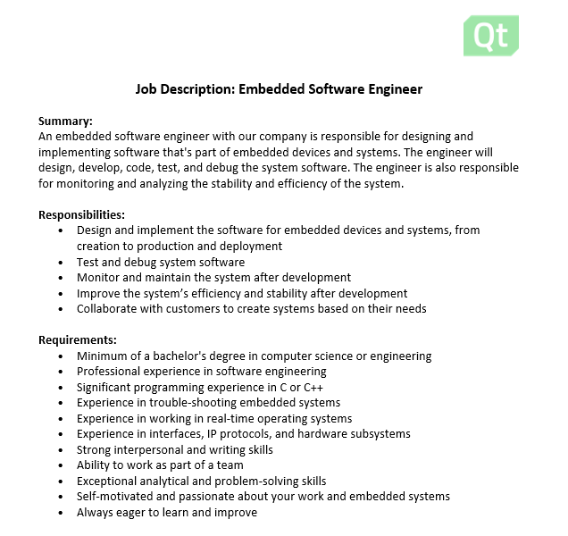 Embedded Software Engineer Job Description