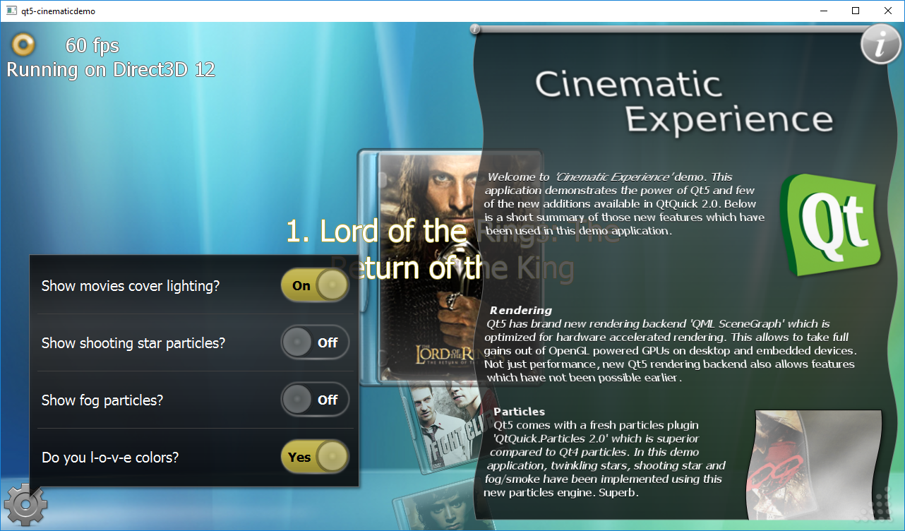 Qt 5 Cinematic Experience demo app running on Direct3D 12