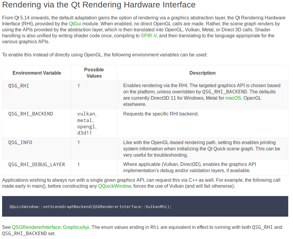 Qt 5.14 doc screenshot for enabling RHI-based rendering in Qt Quick.