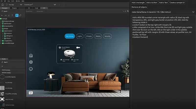 A screenshot from Qt Design Studio, showing how prompting works with the AI Assistant.