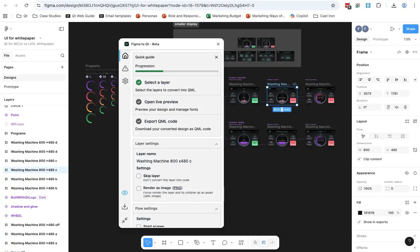 Figma to Qt plugin interface showing washing machine GUI design with code generation options for Qt for MCUs implementation