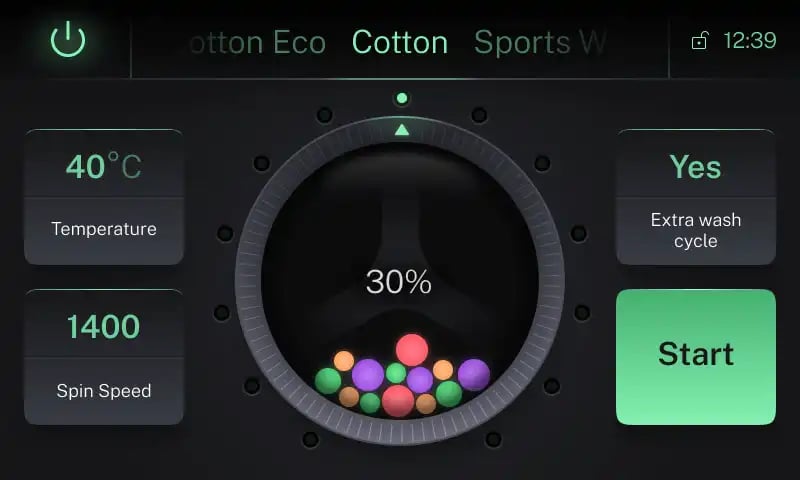 Smartphone-quality washing machine GUI with smooth animations used in Qt for MCUs vs LVGL framework comparison study
