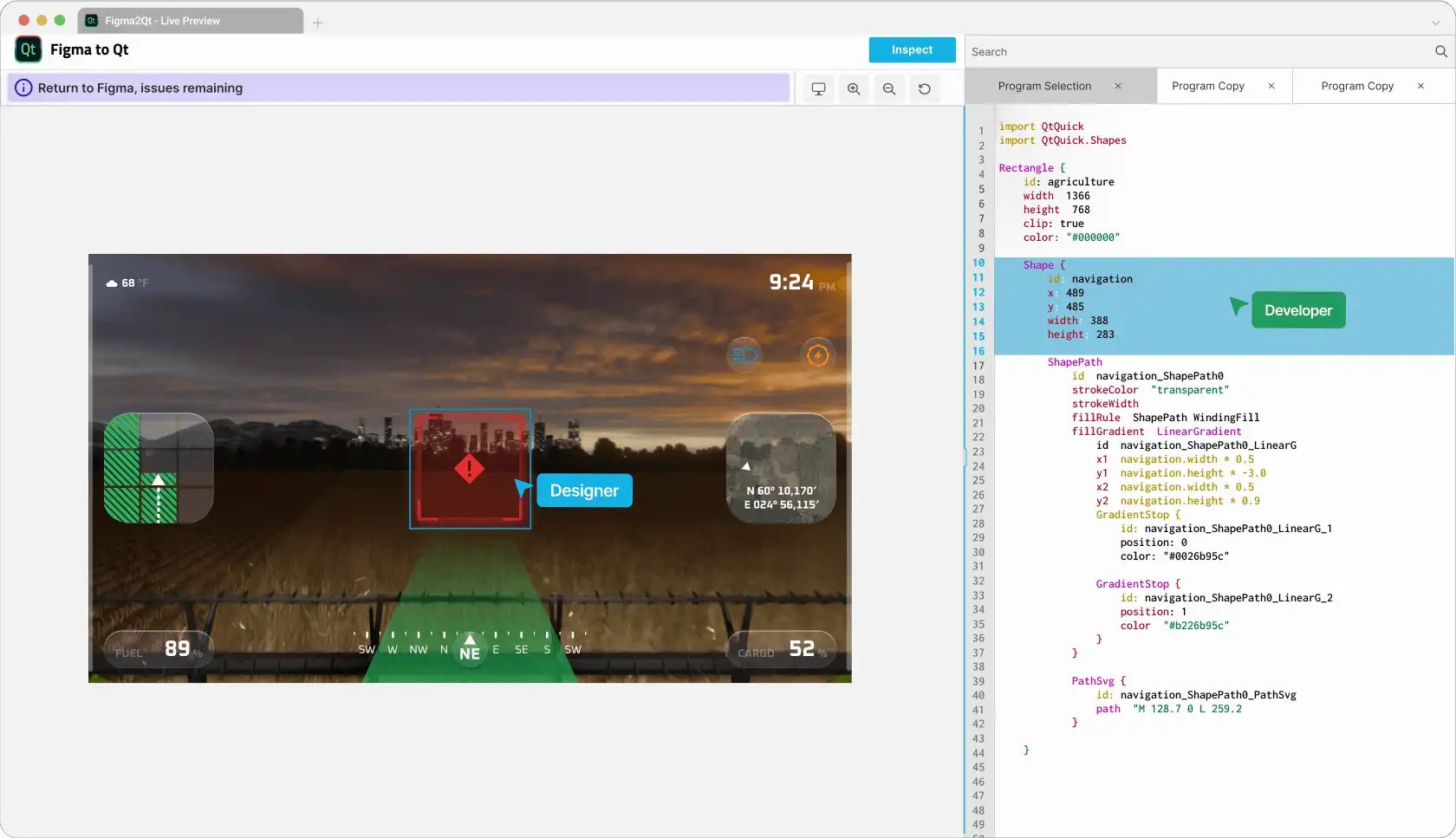 Reviewing GUI design and QML code side-by-side in Figma to Qt