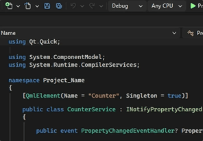 Code sample snippet for integrating a C# backend to QML frontend with Qt Bridges