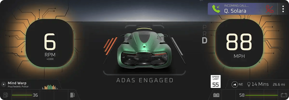 Real-time 3D user interface visualization in automotive application showing vehicle from multiple angles with sensor data and spatial context for doors, lights, and coverage zones