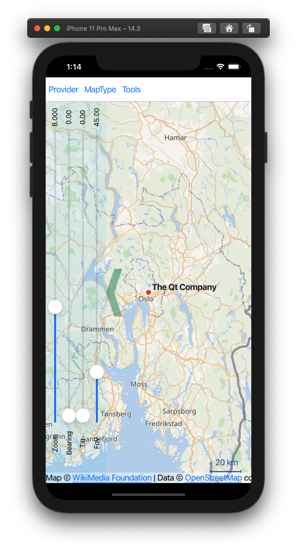 Qt Location's mapviewer example based on the current dev branch, running in the iOS Simulator, with controls using the native iOS style we introduced with Qt 6.4