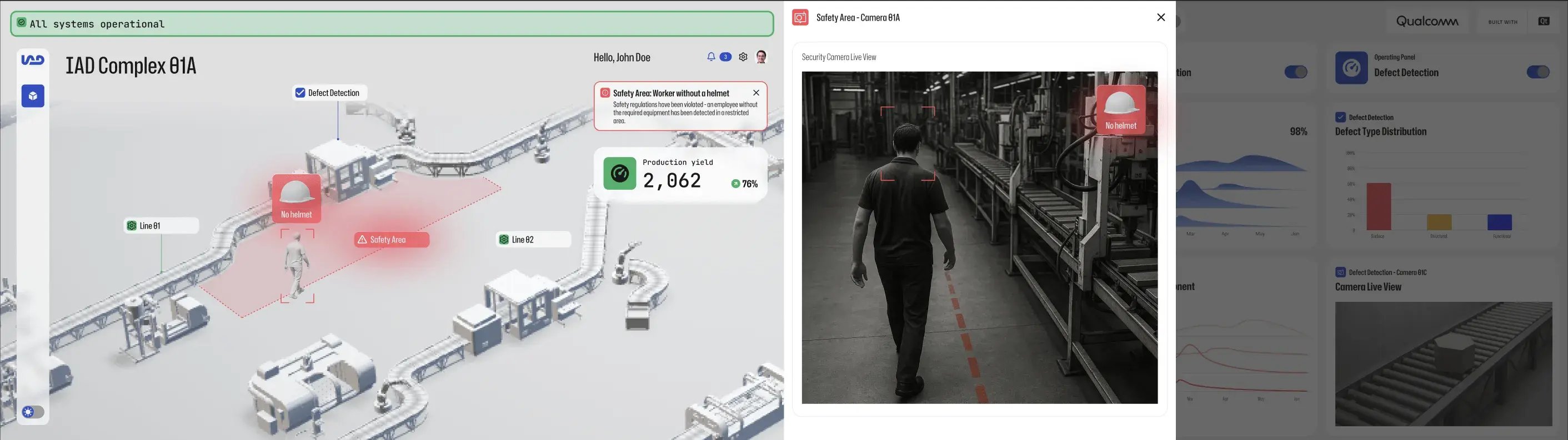 Two screens from Factory Pulse, an industrial UI example built with Qt, featuring AI image recognition and analysis.