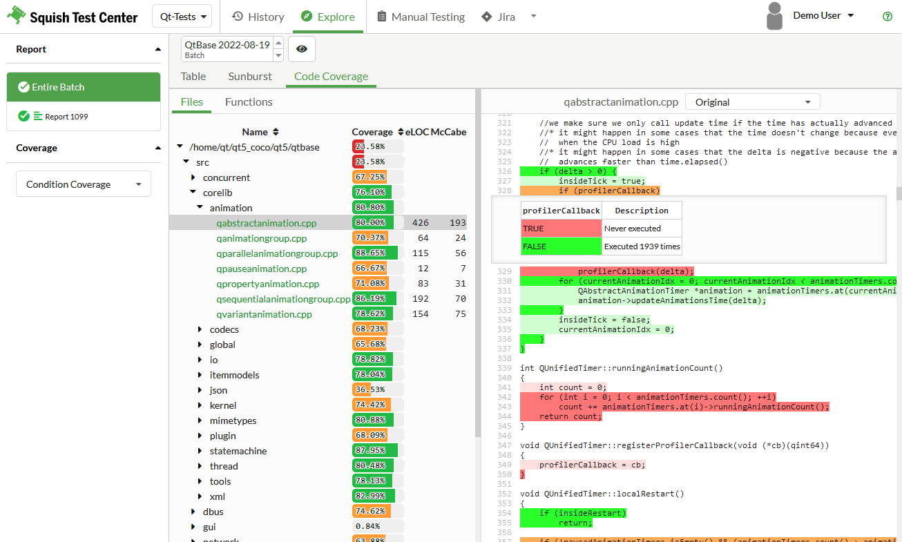Source code coverage and truth tables for conditions displayed in new Code Coverage tab within the Explore View