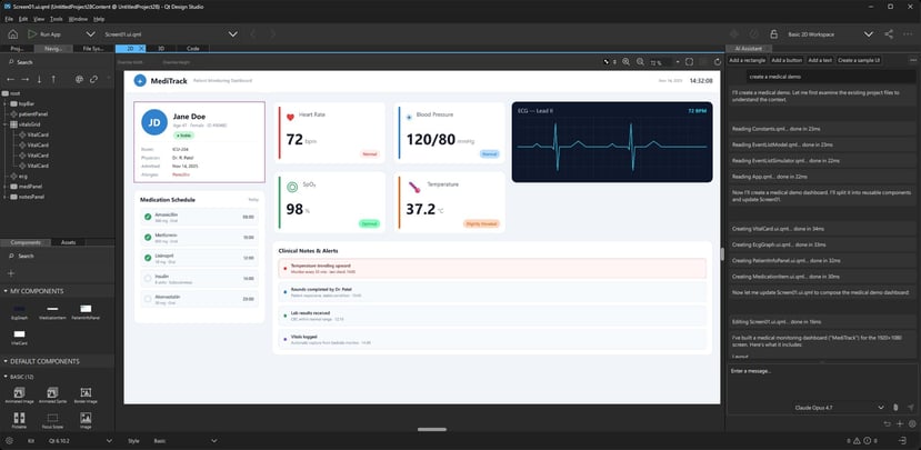 A screen of AI-assisted design inside Qt Design Studio, to create UI designs with natural-language prompting.