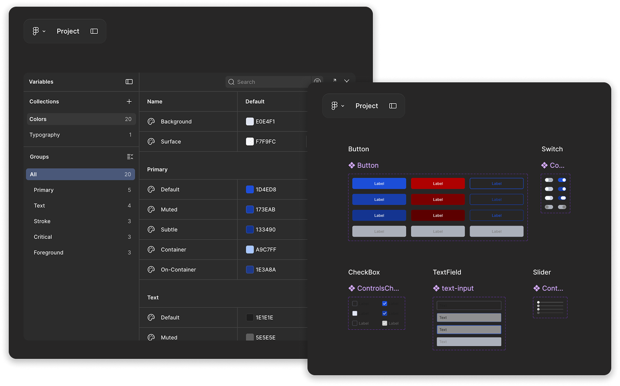 An example of a Figma design library, supported in Figma to Qt.