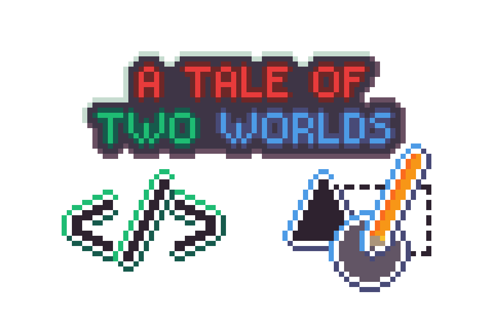 Design handoff illustration showing designer and developer collaboration in pixel art style, as a tale of two worlds.