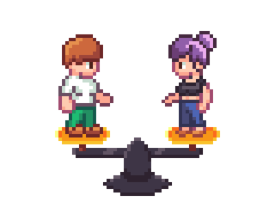 Pixel art rendition of the balance needed in the designer-developer collaboration.