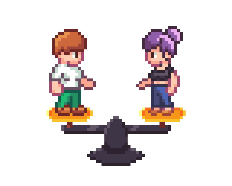 Pixel art rendition of the balance needed in the designer-developer collaboration.