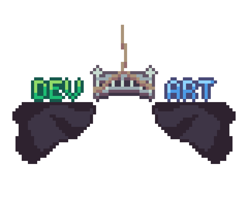 Pixel art rendition of the virtual gap to bridge in designer-developer collaboration.