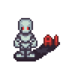 Pixel illustration showing how AI and robotics in general cast a shadow on the work of designers and developers to deliver GUIs