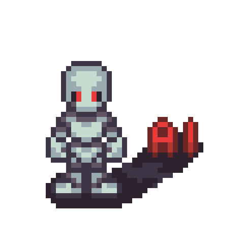 Pixel illustration showing how AI and robotics in general cast a shadow on the work of designers and developers to deliver GUIs