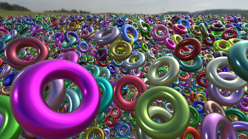 A simple instanced rendering example showing 20 000 metallic doughnut shapes.