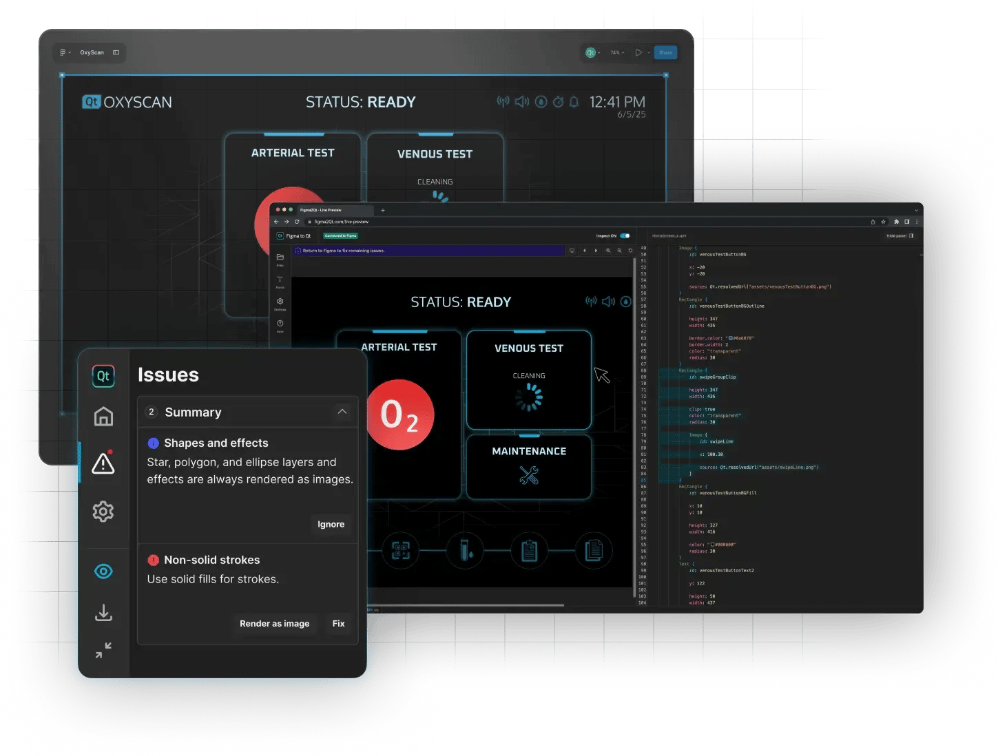 Three screens from Figma to Qt: preview your GUI design, check for issues early on, and see how it converts to code, including interactive elements and design system components.