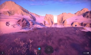 Hyperrealistic 3D environment built with Qt, showing mountains, 3D objects, a waterfall, grass, snow and other elements.