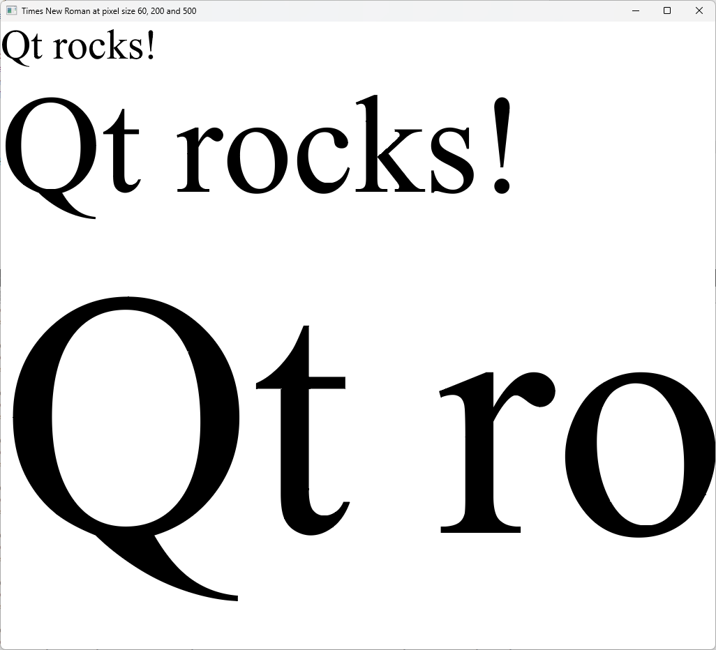 "Qt Rocks" text at pixel sizes 60, 200 and 500 with CurveRendering backend