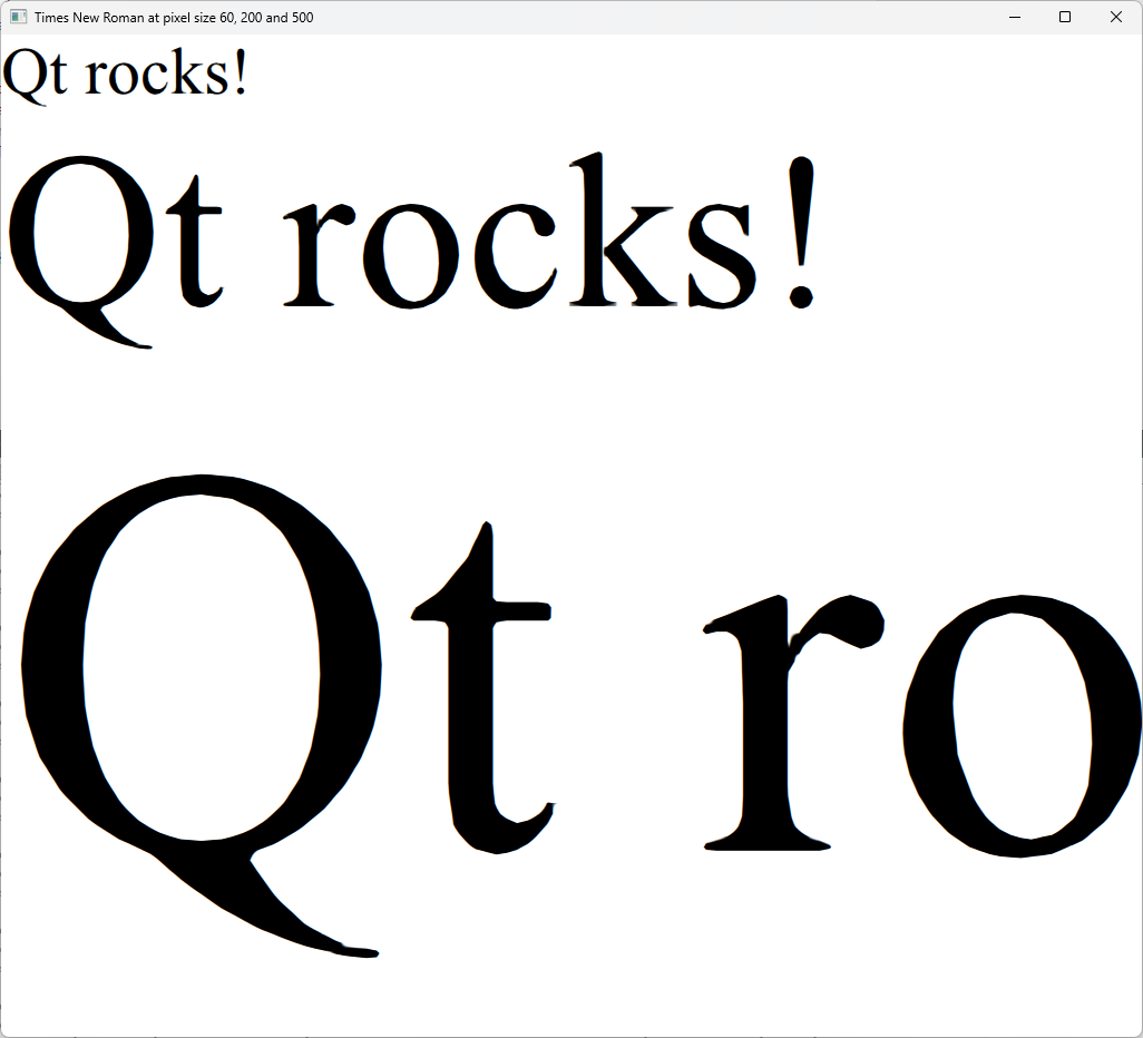 "Qt Rocks" text at pixel sizes 60, 200 and 500 with QtRendering backend