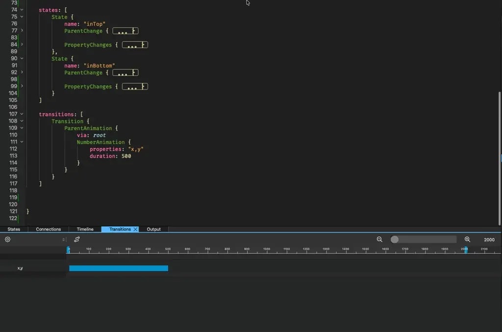 A screenshot that shows a transition in Qt Design Studio, a way to handle UI animations in QML.