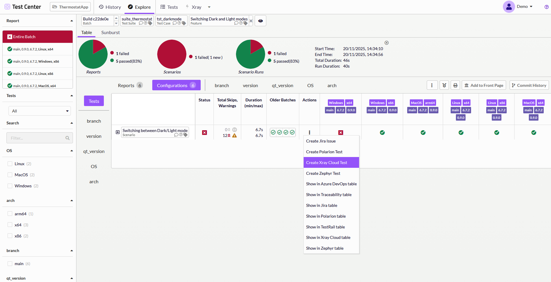 Action Menu in Test Center