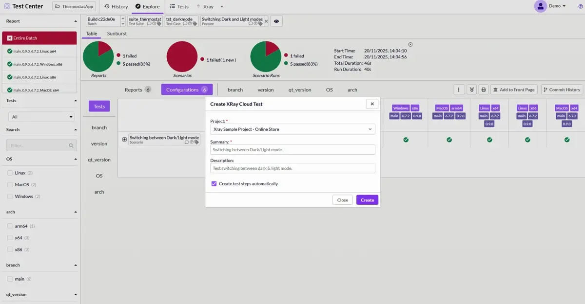 A popup appears where the user selects:  Project Summary Description And optionally: “Create test steps automatically”