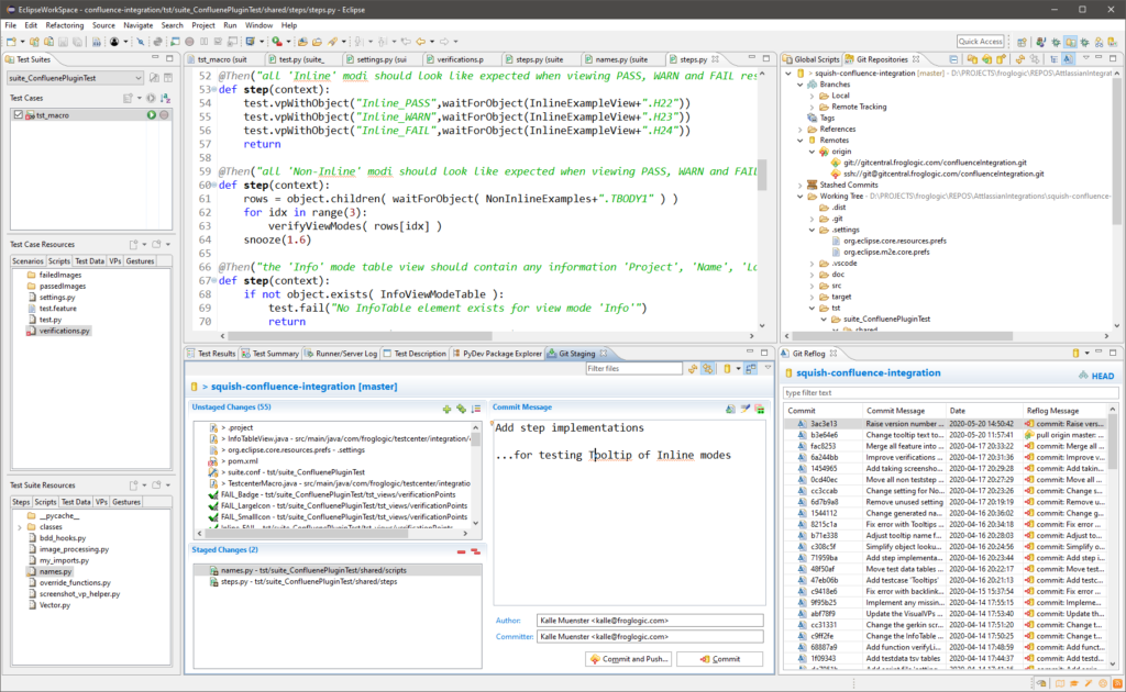 Eclipse IDE, showing the Git integration for developing Squish GUI tests. 