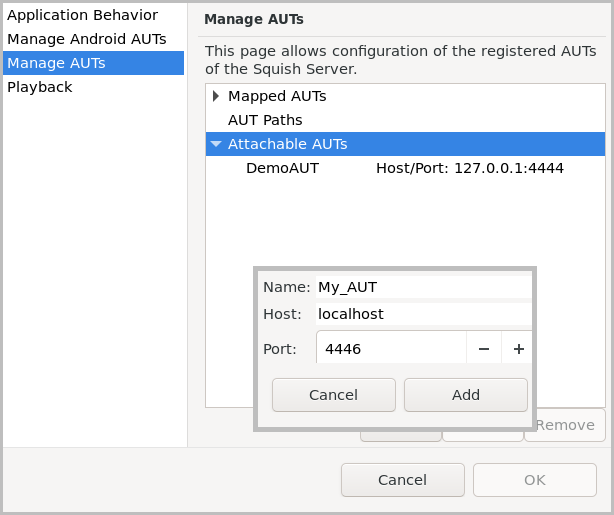 Squish IDE Manage AUTs dialog