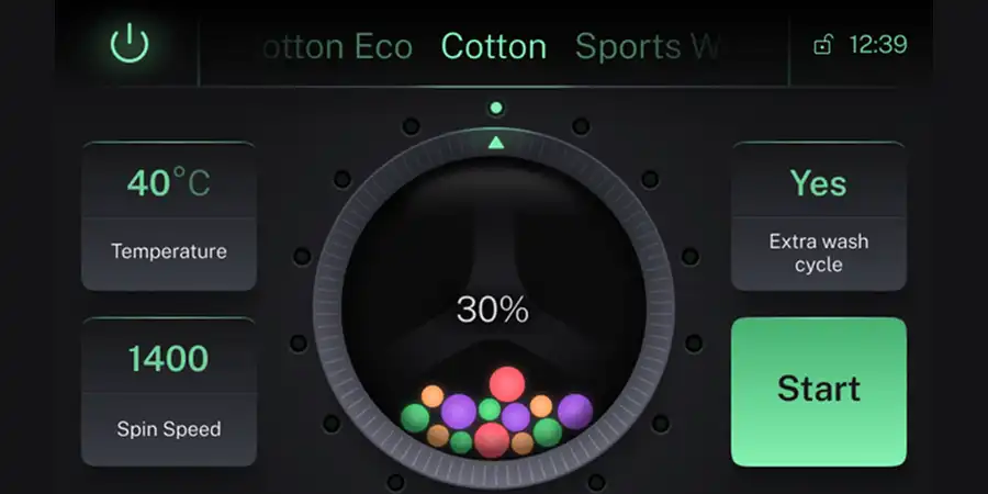 Smartphone-quality washing machine GUI with smooth animations used in Qt for MCUs vs LVGL framework comparison study