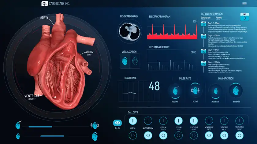 2D and 3D graphical user interface for a medical device created with Qt, showing heart monitoring, patient notes, and other critical information
