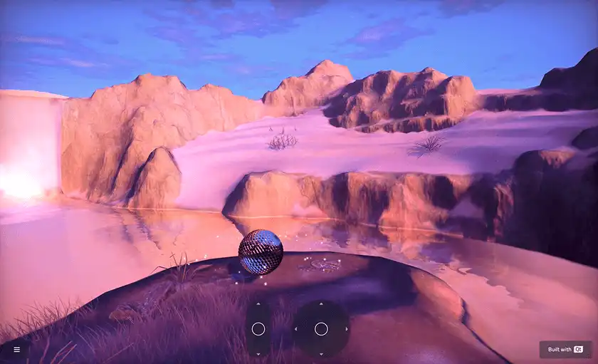 A hyperrealistic 3D scene built with Qt, featuring mountains, sky, water, waterfalls, and 3D objects such as a sphere.